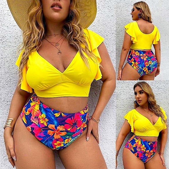 PLUS SIZE- TWO PIECE YELLOW TANKINI FLORAL SET - Picture 1 of 7